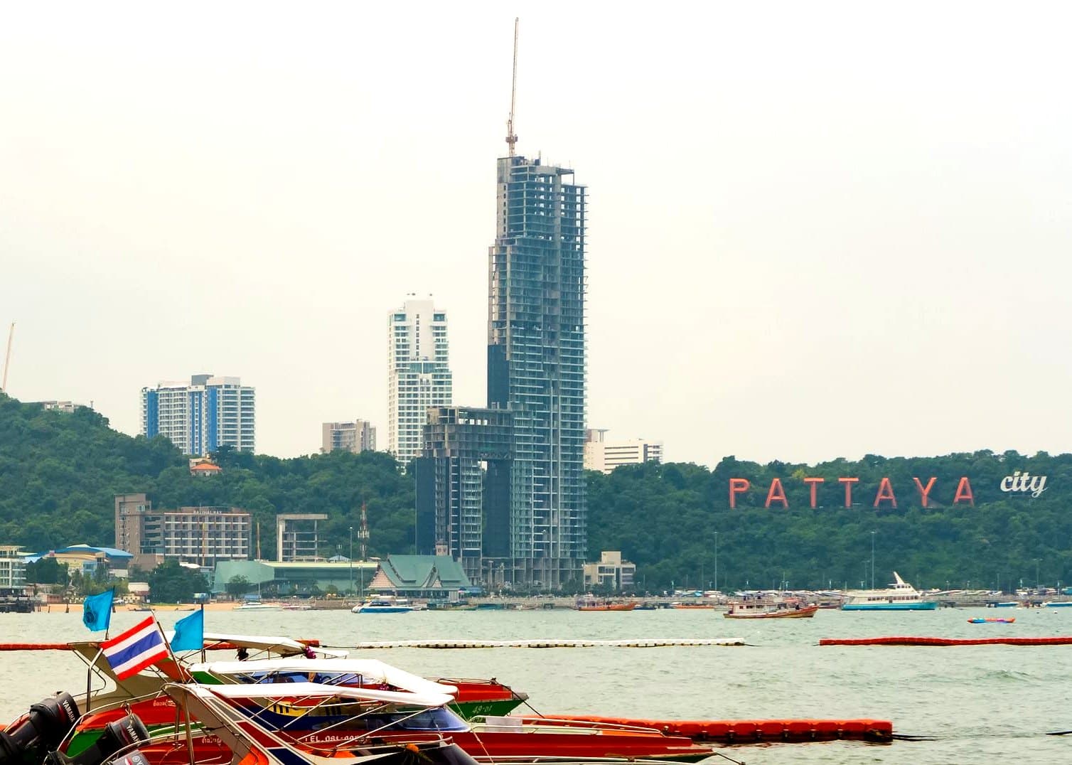 Pattaya Bay and the PATTAYA city sign on the hill