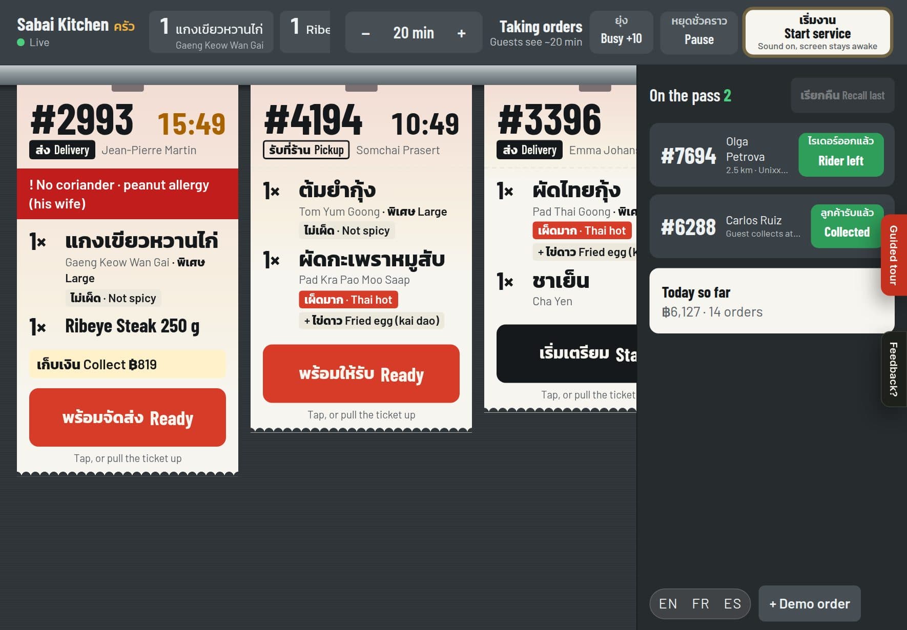 The Sabai Kitchen order screen on a kitchen tablet